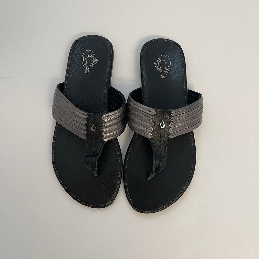 Olukai Mahina Women's Black Metallic Silver Leather Sandals Size 7 NEW